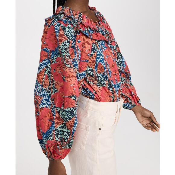 Ulla Johnson Olga Top in Flamingo Floral Print Ruffled Oversized Poplin Blouse - Picture 11 of 13